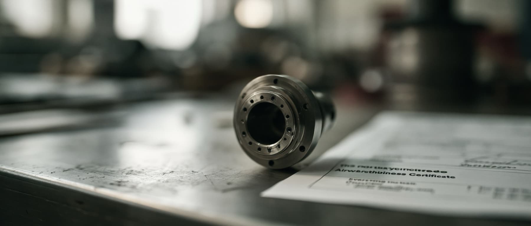Machined aerospace component photographed on technical documentation for the DUST Identity proposal